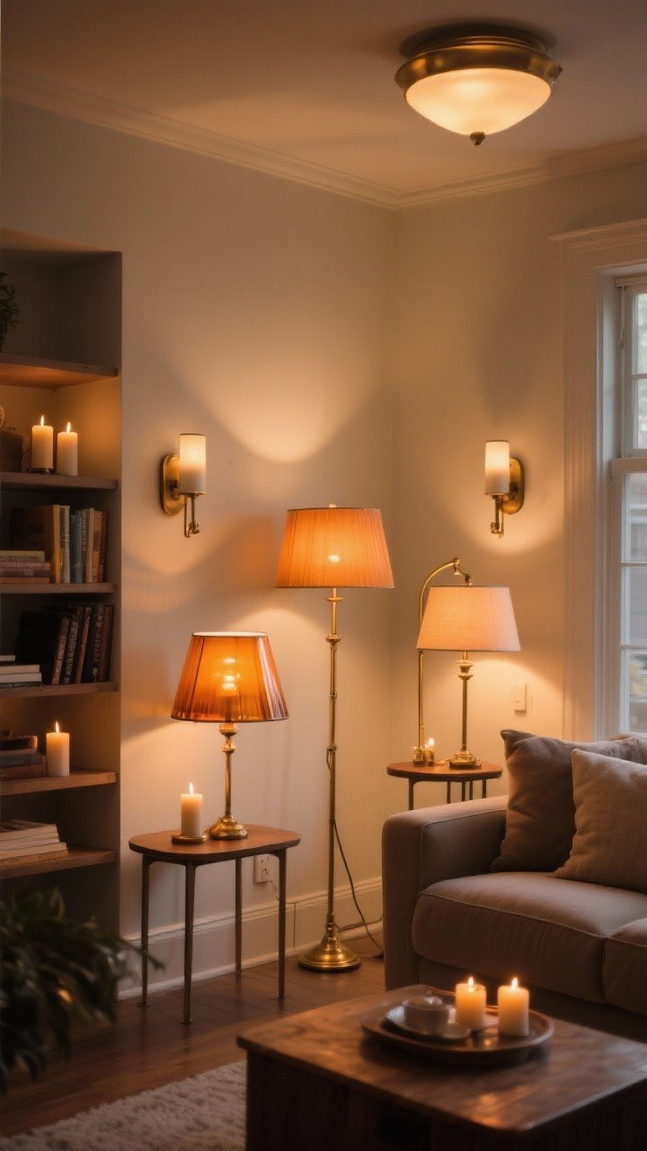 Medium shot of a living room lighting vignette: No overhead lights on. Pools of warm light from multiple sources—table lamps with amber glass shades on side tables, a brass floor lamp by the sofa, and a small lamp on a bookshelf. Add plug-in sconces flanking a reading nook. Include candles (real or flameless) for subtle flicker. Use 2700K–3000K warm bulb glow with visible dim, soft illumination and gentle shadows. Corner angle perspective, photorealistic, emphasizing layered light and cozy ambiance.