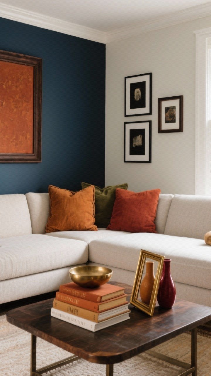Medium shot of a living room vignette showcasing a warm, moody fall color palette without repainting: base neutrals in cream/greige on the walls and sofa, accented with rust, terracotta, olive, and oxblood accessories. Add brushed brass or antique gold in small doses (a brass frame and a small metallic bowl). Include a color-blocked mini accent zone behind the sofa painted deep navy with one quart’s worth coverage. Reframed art in dark wood/black frames, and a coffee table stack of books with warm-colored spines and flipped neutral jackets. Warm white ambient light; corner angle emphasizing rich contrast.