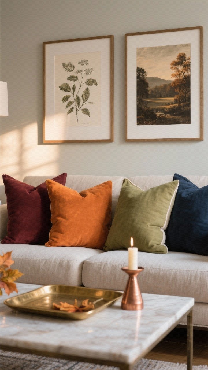 Medium shot of a living room vignette showcasing a fall color palette shift: accents in rust, olive, burgundy, amber, and deep navy. Visible elements include swapped seasonal pillow covers on a sofa (olive and oatmeal as dominant, a single amber accent pillow), a brass tray on the coffee table next to a copper candleholder, and a gallery wall with two refreshed art prints—one botanical sketch and one moody vintage landscape. Warm, late-afternoon lighting; styling is cohesive with two dominant hues and one accent; no repainting, just accents. Straight-on perspective, photorealistic.