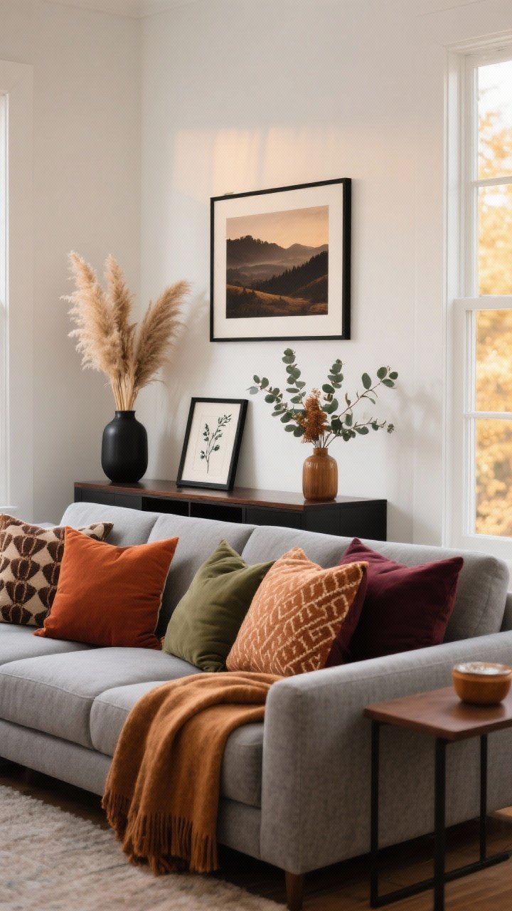 Medium shot of a living room vignette that warms the palette without repainting: gray sofa and cool white walls anchored with pillow covers in rust, amber, olive, and mulled wine (mix of patterns and solids), a caramel throw loosely draped; above, a small art refresh with moody landscape and a botanical sketch in thin black frames; on a console, a vase of dried pampas and eucalyptus in earthy hues; subtle black and deep brown accents in frames and side table to tie cool base to warm accessories; golden-hour window light, photorealistic.