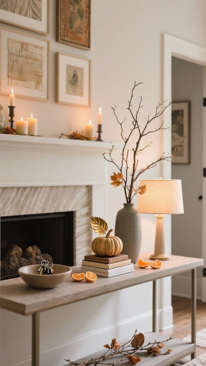 Medium shot of a seasonal vignette without excess: a mantel styled with layered art, a few candles, and a tall branchy vase; or an entry console with a shallow bowl for keys, a small lamp, a short stack of books topped by a brass leaf and a muted ceramic pumpkin; add subtle natural elements like dried orange slices and foraged branches; base decor kept neutral for easy seasonal swaps; warm candlelight and lamp glow, no people, photorealistic.