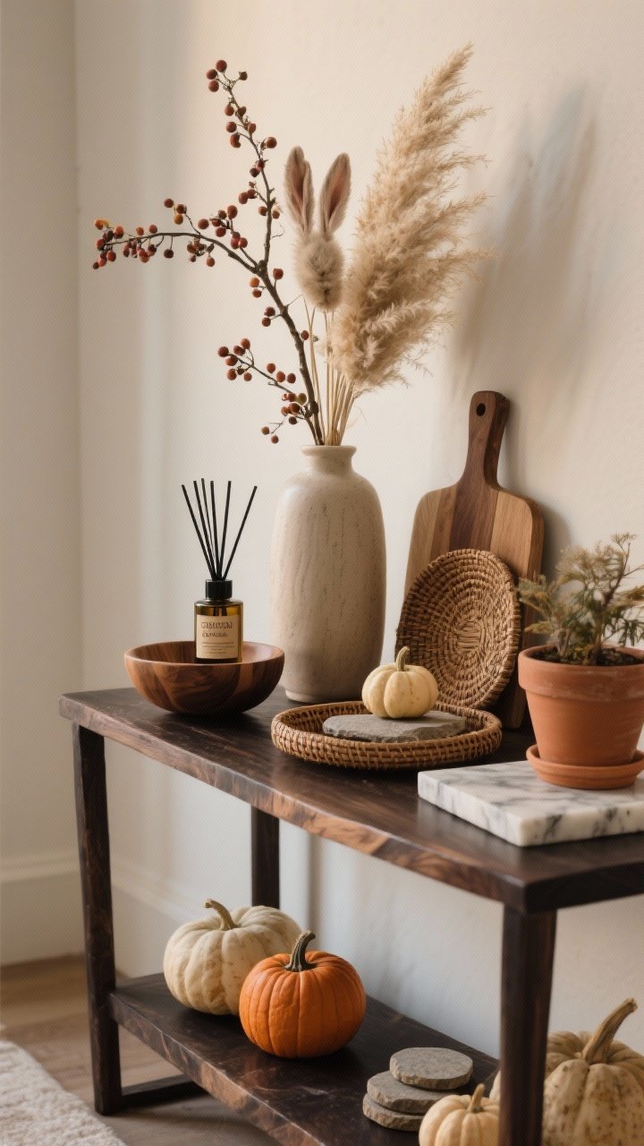 Medium shot of a styled console table bringing in nature without mess: Tall vase with dried pampas and bunny tails, a branch with berries for height, natural materials like a wood bowl, rattan tray, stone coasters, and a terracotta planter. Add a few mini pumpkins/gourds in neutral tones. Ground the arrangement on a dark wood cutting board and a marble slab for curated structure. Include a diffuser labeled with cedar, clove, apple, smoke, and amber notes nearby. Warm, cozy lighting, side angle perspective, photorealistic textures.