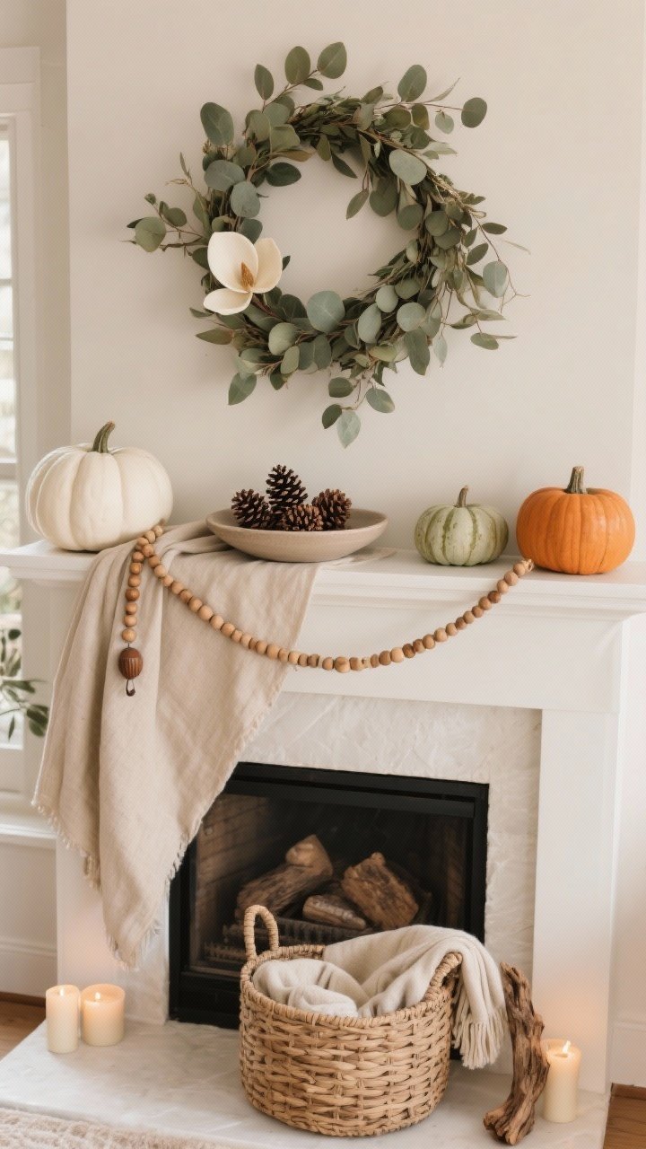 Medium shot, slight overhead angle of a mantle embracing organic elements without mess: a casually draped faux eucalyptus garland with gentle movement, preserved olive sprigs, and a few magnolia leaves; a shallow ceramic dish holding matte pinecones and acorns, contained and tidy; mini heirloom pumpkins in white, sage, and muted orange with matte finishes spaced along the mantle; a strand of wooden beads and a small piece of driftwood adding soft, natural lines. On the hearth below, a woven basket with folded throws extends the look downward. Warm neutral color story with subtle texture contrast, safe spacing around any candle areas. Soft morning light, photorealistic.