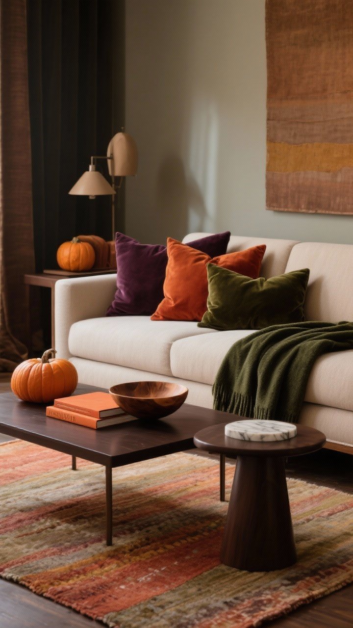 Medium shot, straight-on: A living room vignette showcasing a warm, moody palette—caramel, olive, rust, ochre, plum, and cocoa—applied via swap-friendly soft goods. A neutral sofa and rug (the 60-30-10 rule visible) with velvet and suede pillows in rust and amber, a deep green throw over the arm, and an espresso-toned side table. Coffee table styled with warm-hued books and a marble or wood bowl. Balanced, magazine-ready composition with soft, warm daylight; no pumpkins, no people.