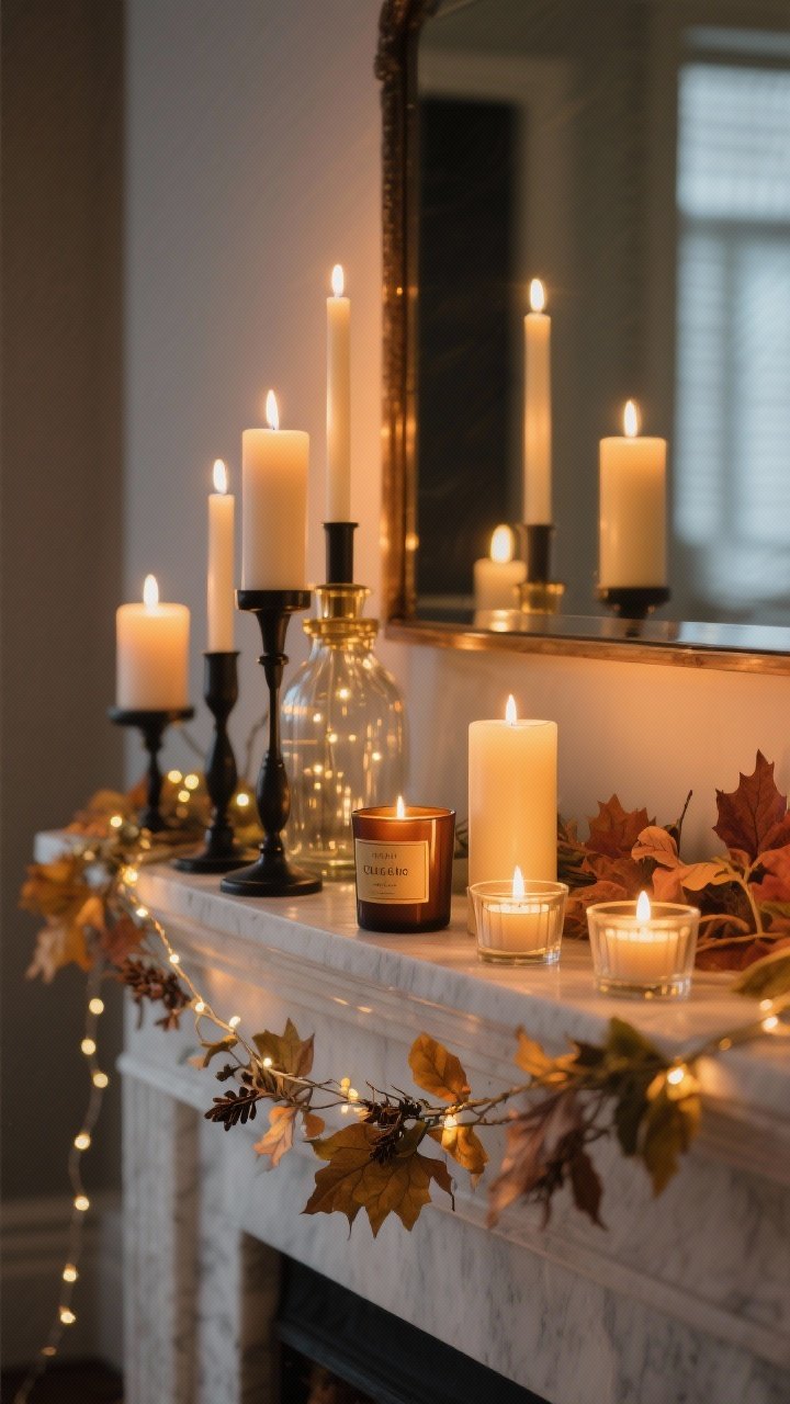 Medium shot, straight-on, focused on candlelight, glow, and subtle scent on a fall mantle. Layer varied candle heights: tapers, pillars, and tea lights in brass or matte black holders; tuck a thin strand of mini string lights into a garland or inside a translucent vase for a hidden twinkle. Place candles near a mirror to double the glow. Suggest a single scent mood via labeled amber, clove, or cedar candle vessels (no brand logos). Optionally use realistic LED candles for safety. Low-light, warm evening ambiance with soft flicker; photorealistic, boutique-hotel-cozy atmosphere.