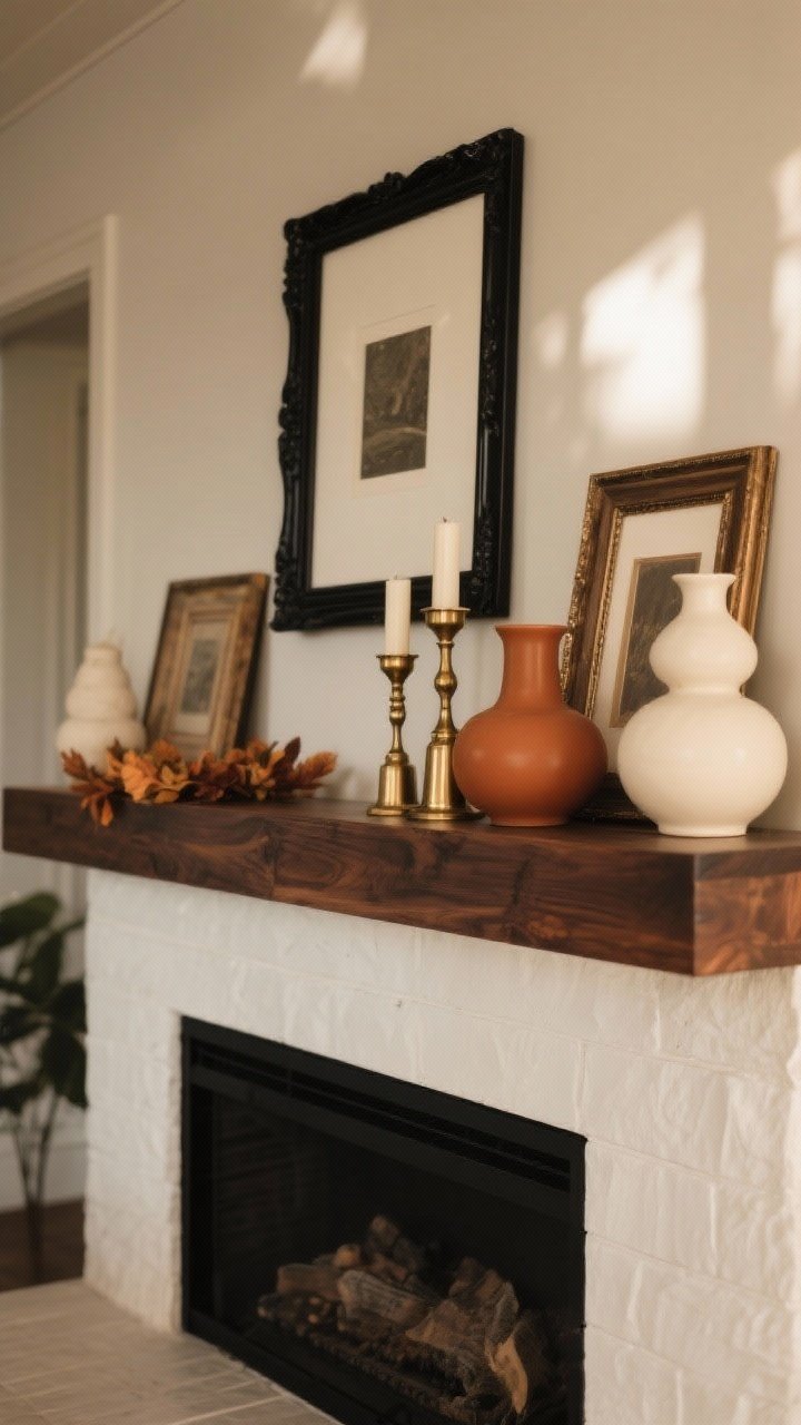 Medium shot, straight-on view of a fall mantle styled with a cohesive luxe color palette: moody neutrals in cream, rust, caramel, deep walnut wood, and accents of matte black and brushed brass. Include a black metal picture frame, brass candle holders, a walnut-stained mantle shelf, and cream ceramic vases. Ensure repeated finishes (all brass or all matte black, not mixed), with a few thrifted frames and a vase “unified” by matte spray paint. Soft natural afternoon light enhances the warm tones; no people; photorealistic, upscale boutique vibe.