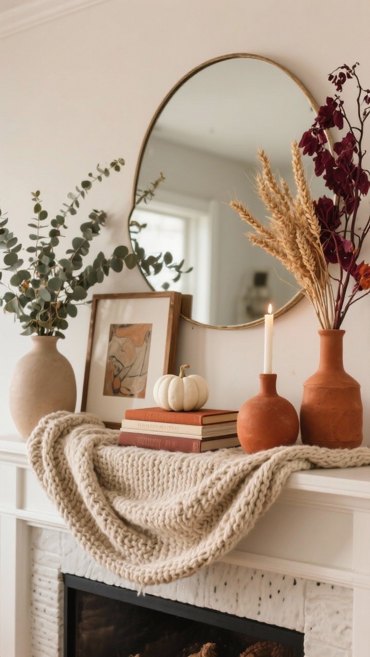 Medium shot, straight-on view of a fall-styled mantle focused on layered textures: a neutral knit wool runner draped across the mantle with soft, casual puddling at the edges; a large off-center mirror as the backdrop with a smaller art frame layered in front; stacked books laid horizontally topped with a single candle and a tiny white pumpkin; matte ceramic and terracotta vases in warm neutrals; faux stems of eucalyptus, dried wheat, and deep burgundy branches for height variation. Palette: warm neutrals with a single accent in rust. Soft natural afternoon light, photorealistic detail emphasizing chunky knits, matte finishes, and organic stems.