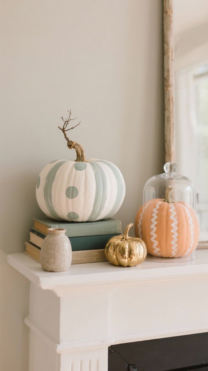 Medium shot, three-quarter angle focusing on chic pumpkins elevated on the mantle: a calm neutral palette of white, sage, and soft orange gourds, with one oddball accent color for personality. Feature DIY chalk-painted patterns—subtle tone-on-tone polka dots, thin stripes, or a simple scallop—on a couple pumpkins for a matte finish. Show a rustic stem swap using a small branch hot-glued on one pumpkin. Arrange in tiers: one pumpkin stacked on books, a mini tucked beside a ceramic vase, and one showcased under a glass cloche. Include a single aged-gold metallic pumpkin for a glam highlight. Soft, diffused indoor light, photorealistic, no people.