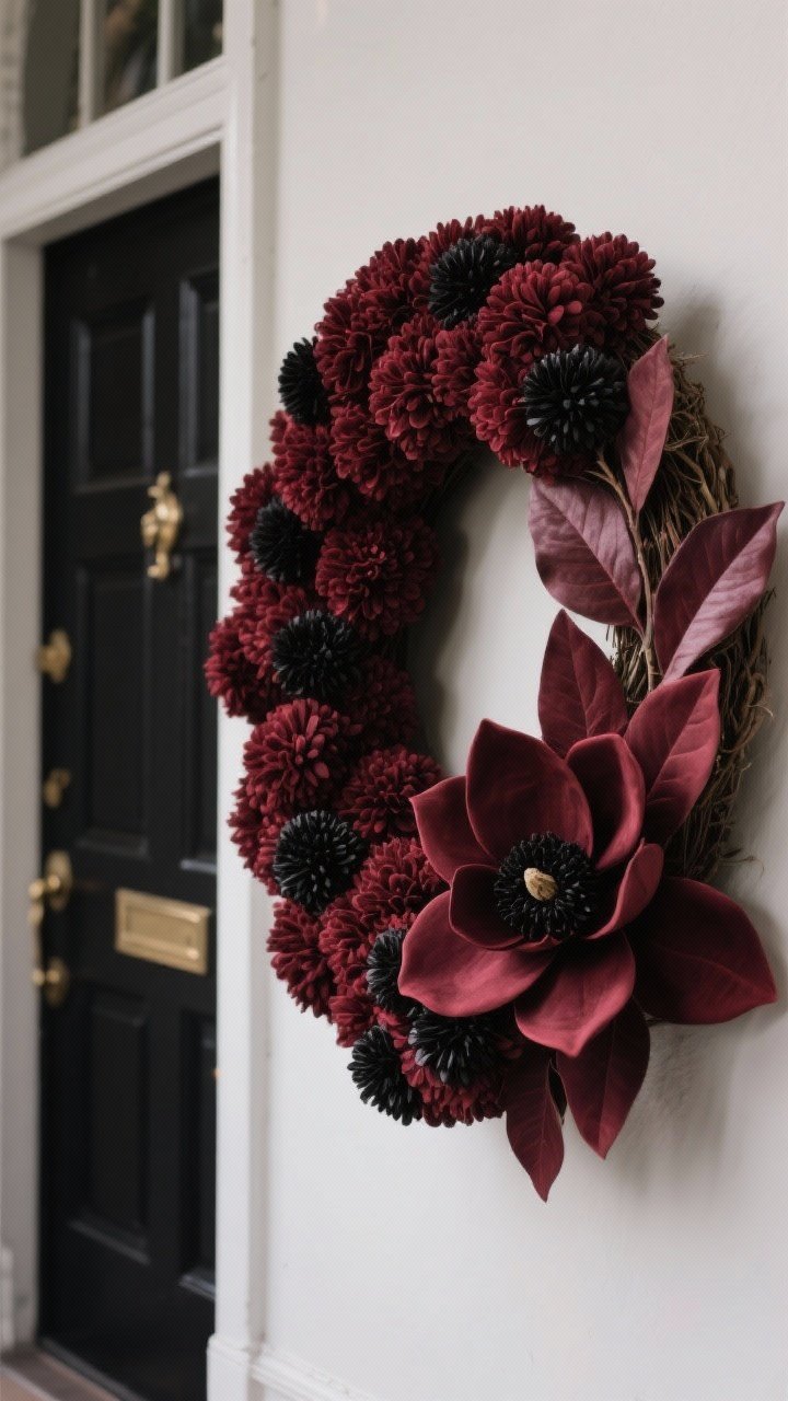 Medium, slightly angled corner view of a high-contrast wreath: magnolia leaves laid in one direction to create flow, with a bold arc of tightly clustered faux mums from 3 o’clock to 7 o’clock. Monochrome palette in deep burgundy with a few black-centered blooms for depth. One side remains leaf-forward for contrast; larger blooms near the bottom, smaller toward the sides to mimic gravity. Polished, editorial mood; crisp, even lighting; backdrop of a black front door with subtle brass hardware for a high-end finish; no people.