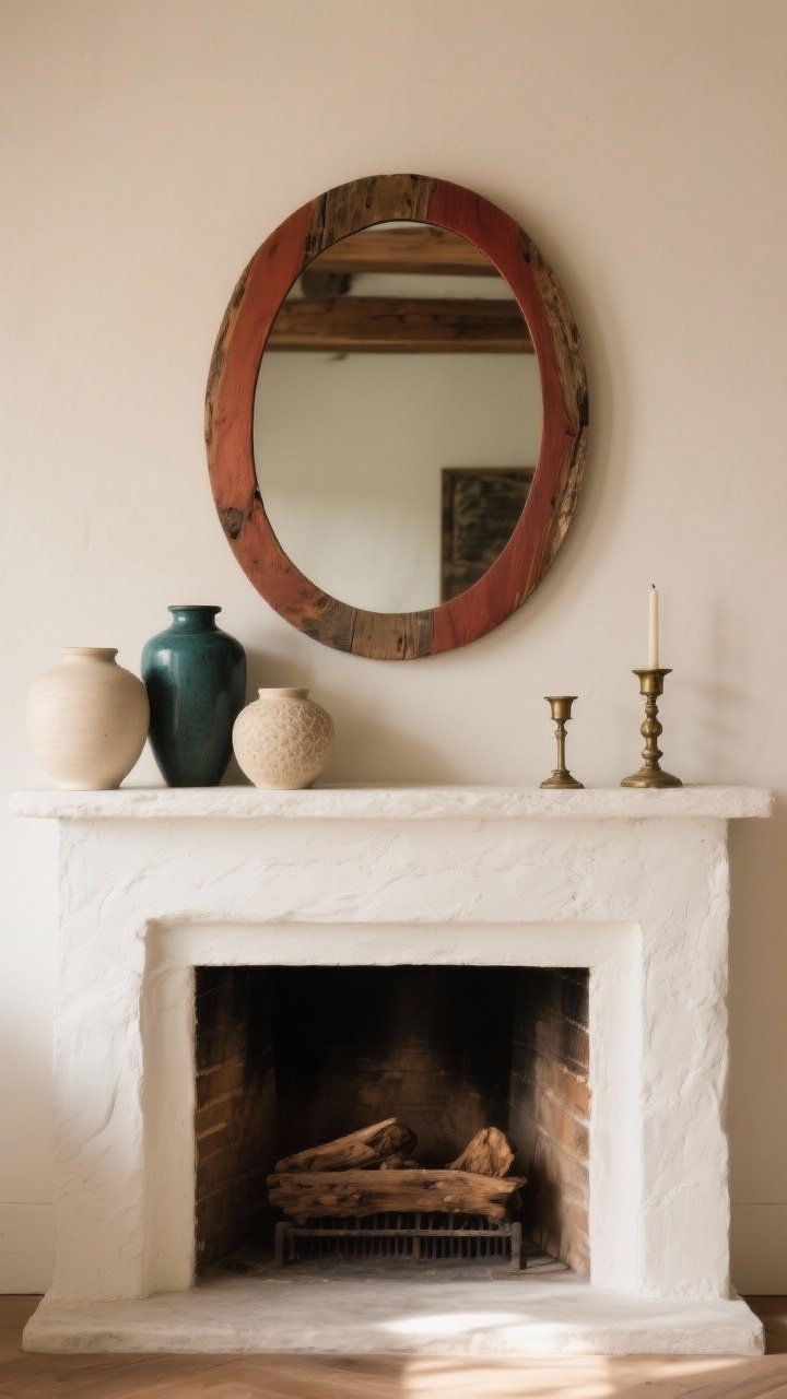 Medium, straight-on mantle vignette focused on a warm, neutral base: a substantial rounded wood mirror with a weathered frame centered above a white plaster fireplace; below, a minimal arrangement of creamy matte ceramics, textured stoneware vases, and raw wood tones. Add one moody accent in deep teal or oxblood via a single vase, plus aged brass candleholders for a subtle metallic note. Color palette: rust, olive, charcoal, and caramel woven in muted, restrained touches. Soft natural afternoon light, no clutter—one hero piece and two anchors for a small-mantle feel. Photorealistic, rustic-chic, cohesive neutrals that let seasonal pieces whisper rather than shout.