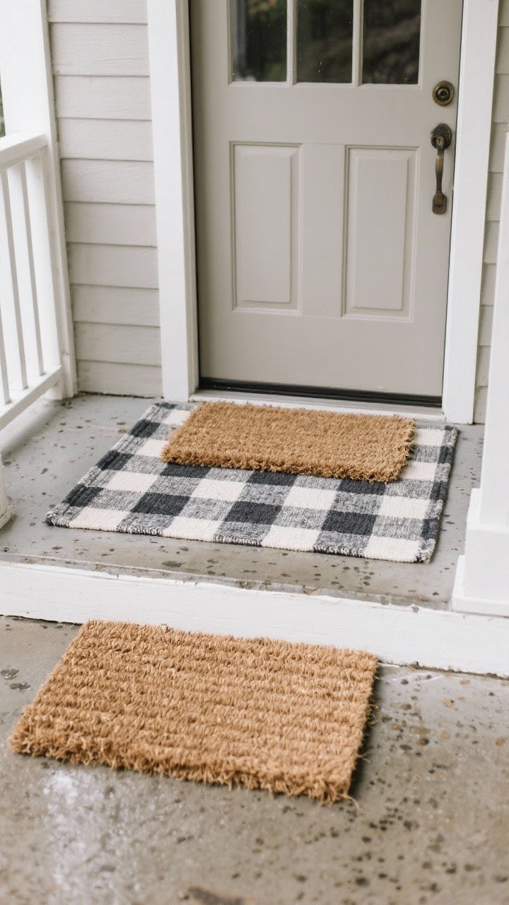 Medium, straight-on porch entry shot highlighting a luxe layered doormat setup: a high-contrast neutral plaid outdoor rug (3x5) in charcoal and cream with a classic natural coir mat centered on top, leaving a clean 4-inch border. Include an optional slight angle to the bottom rug to suggest movement for a narrow porch. Add a thin non-slip rug pad hint at the edge. Materials look realistic: coarse coir texture, tight woven cotton if covered porch or polypropylene if exposed (subtle rain-speckled concrete). Neutral door color, simple trim, soft overcast daylight for even illumination. Focus on textures and patterns; no additional decor clutter.
