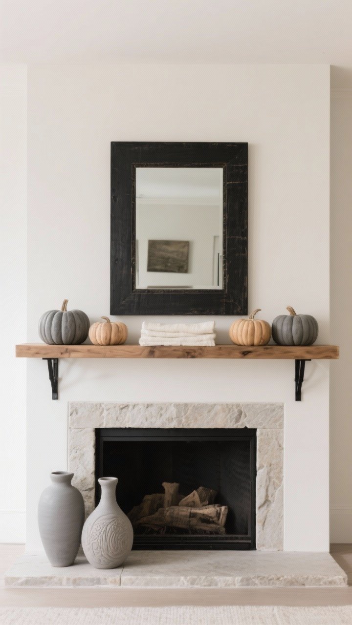 Medium straight-on shot of a calm, cohesive mantle color story: choose the “Soft Contrast” palette of cream, charcoal, and natural oak. A dark charcoal-framed mantle mirror anchors the center; mid-tone stone or carved-wood pumpkins in gray-beige sit along the shelf; light cream textiles soften the scene. Accents in clean lines, three tones max for cohesion. Materials: natural oak, blackened metal details, matte ceramics. Lighting: soft, even daylight for clarity. Composition: balanced but minimal, no loud colors, no extra items beyond those listed.