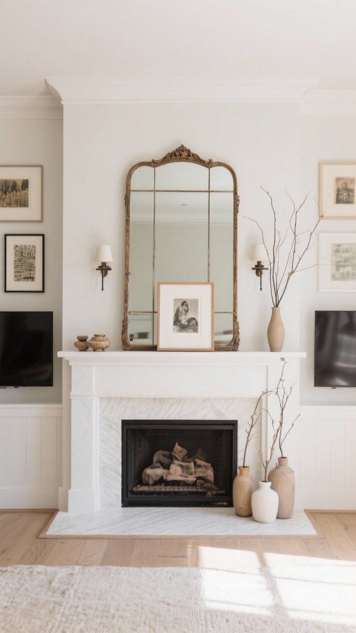 Medium straight-on shot of a fireplace mantle with a clear focal point: an oversized vintage mirror (about 70% of mantle width) centered, with a smaller framed print layered partially in front for a collected gallery feel; asymmetrical decor clusters on either side following the rule of thirds, leaving negative space at the corners; if a TV is preferred, show the TV centered with matching sconces flanking it or tall branches in slim vases to soften the screen; clean, breathable styling with balanced proportions; soft even daylight; photorealistic
