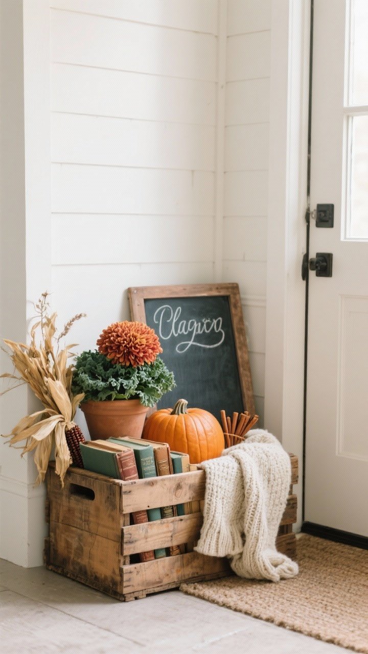 Medium, three-quarter angle of a styled harvest crate placed by the door: a wooden crate rotated slightly off-center, filled with height-building filler (old books with worn covers and a folded knit blanket). Hero pieces: a potted mum or ornamental kale, a mini chalkboard sign with simple hand lettering, and one standout pumpkin. Tuck in dried corn husks and a small bundle of cinnamon sticks. Keep the palette to three main colors—cream, rust, and sage—visible across the plant, pumpkin, blanket, and sign. Soft natural daylight; crisp, tidy composition that looks intentional but unfussy.