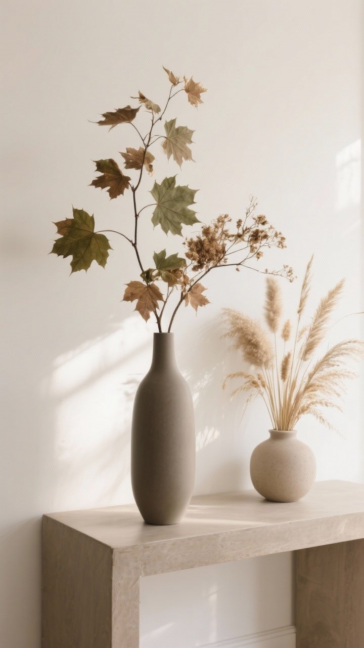 Medium-to-close shot: A single tall matte vase on a console table holding understated botanicals—maple branches in muted olive and brown tones for height and drama. Nearby, a low grouping of dried pampas and reed grass stems in a smaller neutral vessel; all botanicals kept within one monochrome, earthy palette. Clean wall backdrop in warm white; no bouquet overload, one arrangement per zone. Soft, natural afternoon light illuminating the textures of the dried elements and the vase’s matte surface.