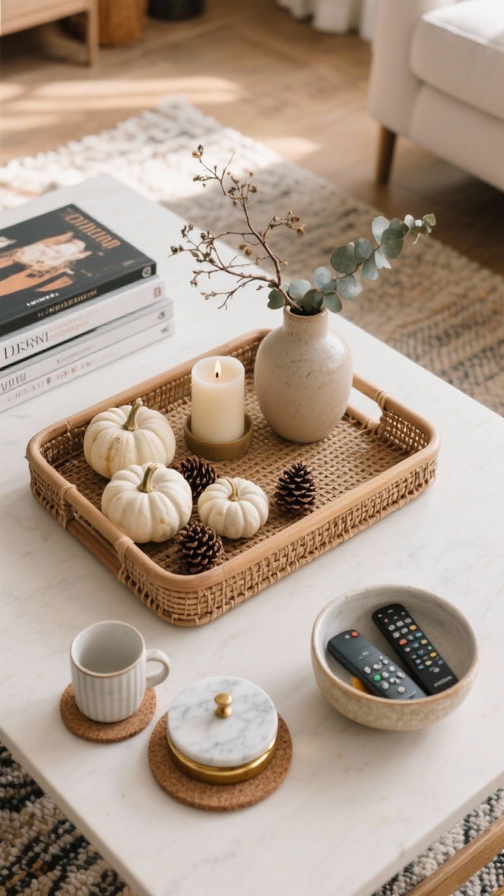 Overhead detail shot: A styled fall coffee table tray that’s beautiful and functional—rectangular rattan or wood tray anchoring the layout; a short stack of design books, a small ceramic vase with foraged branches or eucalyptus, and a smoked vanilla or cedar candle; a few white heirloom mini pumpkins and pinecones grouped subtly; cork or marble coasters with brass edges neatly placed; a shallow lidded bowl corralling remotes; intentional negative space left clear for mugs; soft morning light on a flatweave rug; photorealistic.