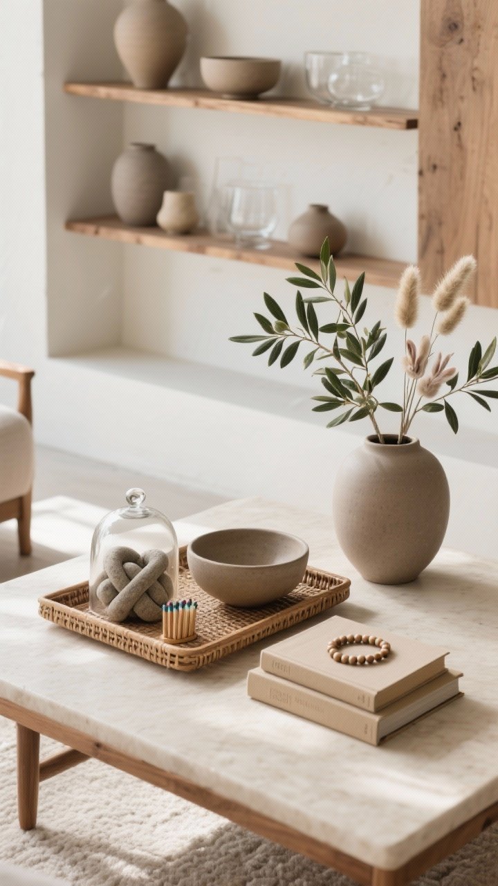 Overhead detail shot of a coffee table styled with quiet luxury: a low wood or rattan tray corralling a sculptural stone knot and a match cloche, a ceramic bowl in matte stoneware, a neat stack of two neutral-toned books topped with a small bead garland; airy seasonal greens—olive branches and dried bunny tails—in a matte ceramic vase; nearby shelves show odd-number groupings mixing matte ceramics, clear glass, and raw wood with generous negative space; palette in cream, camel, taupe; bright indirect daylight for crisp texture, photorealistic
