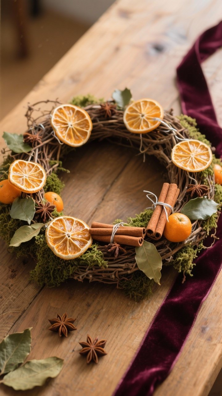 Overhead detail shot of a grapevine wreath base adorned with mini garlands of dried orange slices (3–4 slices each) draped across and secured with floral wire. Small bundles of cinnamon sticks are nested among the oranges, with scattered bay leaves and star anise for spicey, rustic-bakery vibes. Embellishments are visually heavier on the bottom half for a grounded composition. A moss or wine velvet ribbon trails off to one side. Warm, cozy indoor light with gentle highlights on the dried citrus translucency; natural wood tabletop beneath; no people.