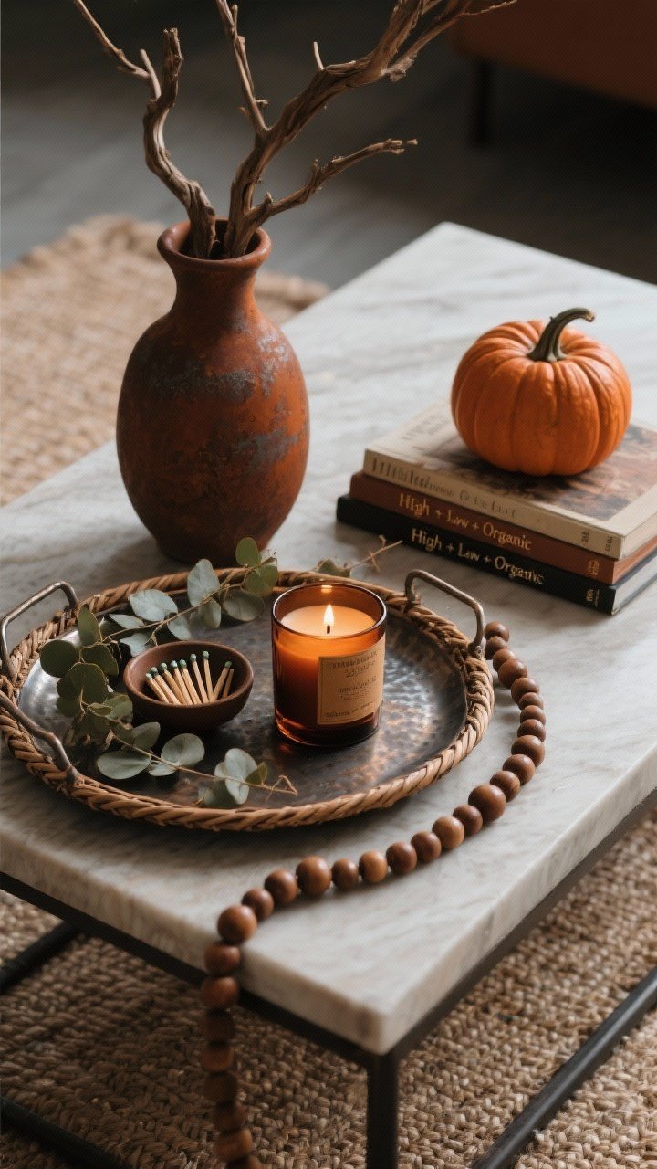 Overhead detail shot of a styled coffee table using the “High + Low + Organic” formula: High—tall ceramic vase with sculptural dried branch; Low—a rattan or hammered metal thrifted tray holding a warm, smoky candle (amber/cedar/chai) and a small bowl of matches; Organic—dried eucalyptus and a small matte terracotta mini pumpkin. Add a stack of 2–3 coffee table books with wood beads draped across for texture. Place on a jute rug; repeat a rust accent three times (rust vase, rust book spine, rust-toned candle label). Soft, moody lighting.
