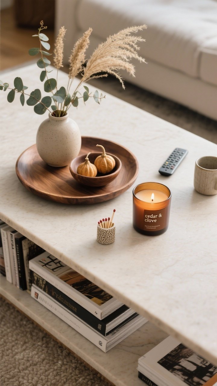 Overhead detail shot of a styled coffee table using the three-layer formula: foundation layer of stacked art books alongside a round oak tray; organic element of a small ceramic vase with eucalyptus and dried grasses plus a shallow bowl with two mini gourds; glow factor of a matte amber glass candle labeled “cedar & clove” next to a textured match striker. Leave one-third of the tabletop empty for mugs and remotes; surfaces show balanced heights and mixed textures. Soft morning light, clean composition, photorealistic.