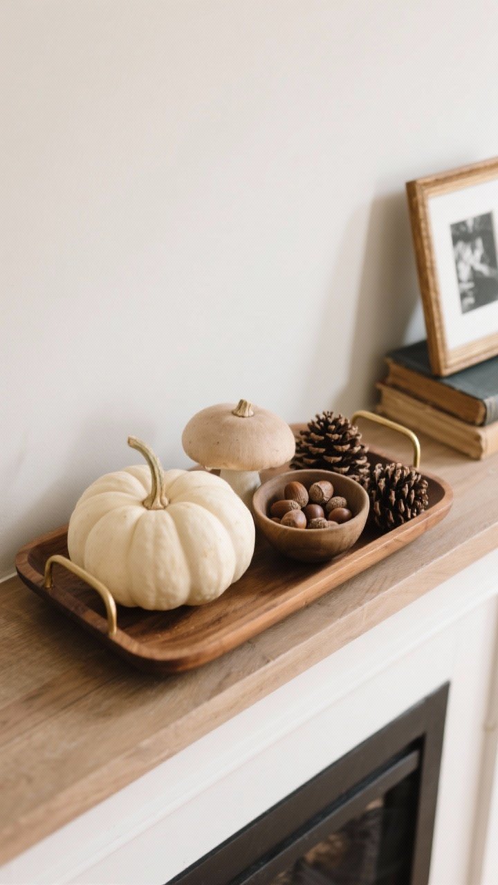 Overhead detail shot of a subtle seasonal vignette corralled on a shallow wooden tray atop the mantle: two neutral pumpkins (one larger cream, one smaller mushroom tone) paired with a small bowl of acorns and a cluster of pinecones; a thin brass or wood frame holds a black-and-white photo tucked to one side. Optional vintage book stack under the tray to add lift. Palette: soft neutrals and warm wood. Styling: rule of three in groupings, leave negative space around the tray. Lighting: soft diffuse daylight for gentle shadows. Perspective: top-down overhead emphasizing form, materials, and restraint, no people.