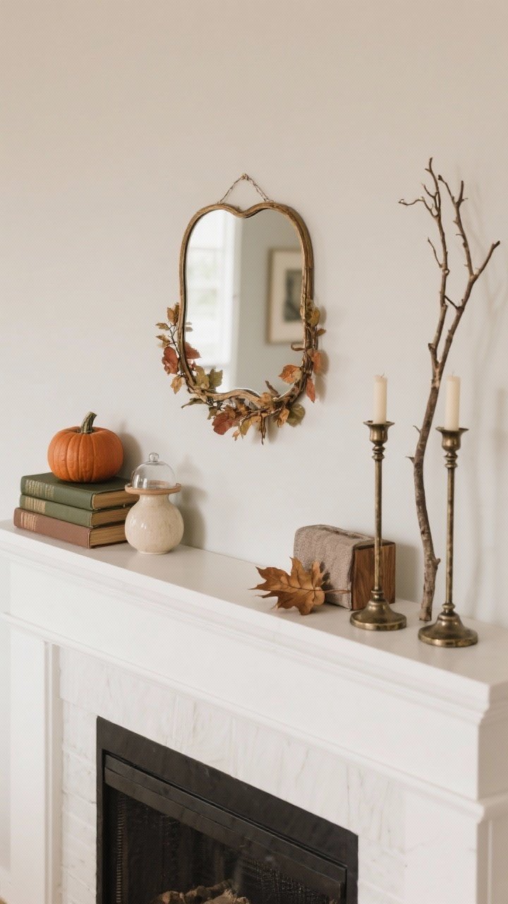Overhead detail shot of three mini vignettes across a mantle following the 3-2-1 formula: left vignette with a stack of two books, a small pumpkin, and a petite vase or cloche; center anchor is art or a mirror with one overlapping frame or a delicate garland detail; right vignette features a tall element (branches or a pair of candlesticks) plus one lower piece; ensure three textures (wood, metal, fabric), two heights (tall and medium; base as low), and one organic element (leafy or pumpkin); neutral fall palette in olive, rust, taupe, and cream; clean, edited look with negative space; photorealistic, soft natural light highlighting forms and materials