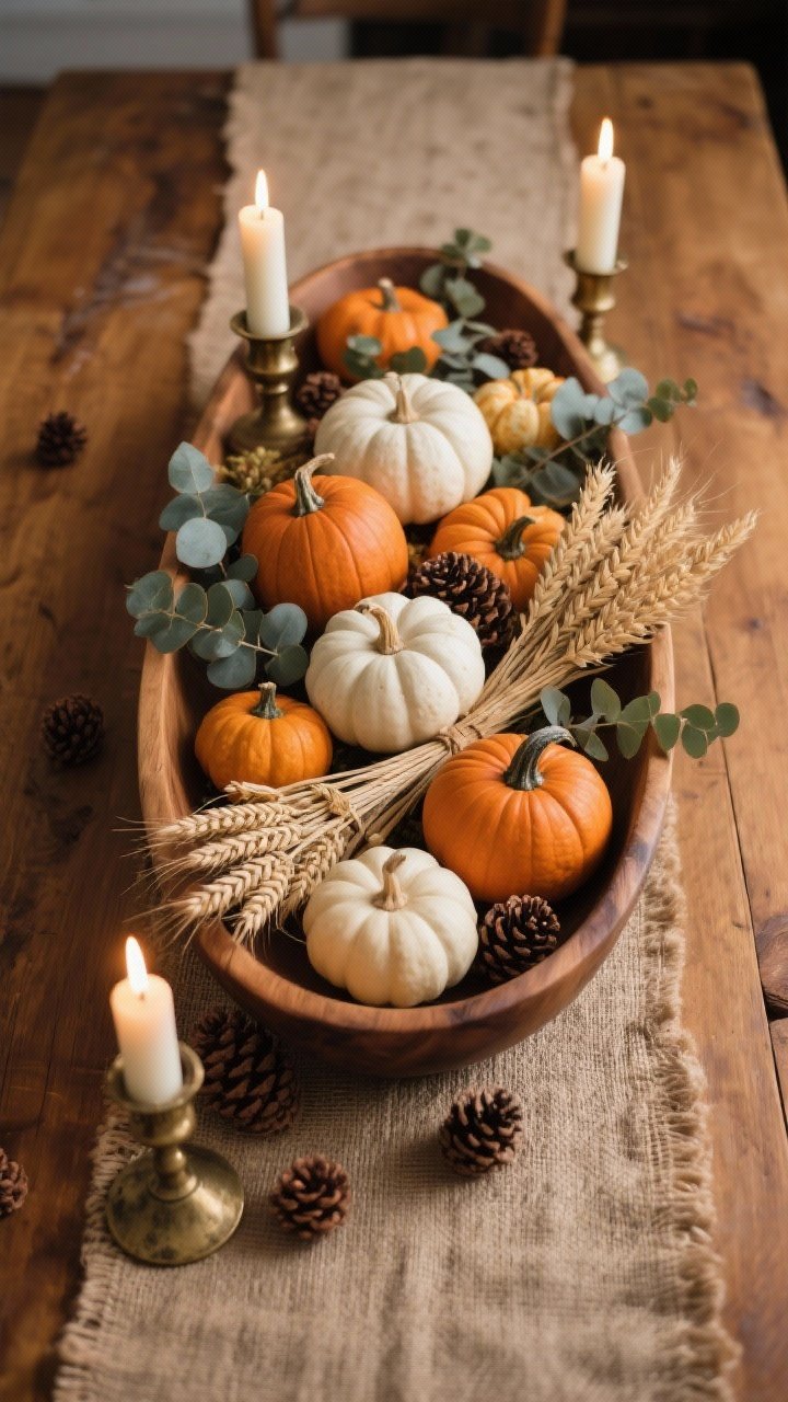 Overhead/flat-lay tabletop shot: A farmhouse harvest centerpiece built in a long wooden dough bowl on a burlap runner atop a warm wood dining table. Inside the bowl: a varied mix of mini pumpkins in white and soft orange, dried wheat bundles, eucalyptus sprigs, and scattered pinecones arranged at different heights. Tuck in unscented ivory pillar candles and a couple of aged brass candlesticks for a warm glow, with the overall arrangement kept low for sightline. Evening ambient lighting with candlelight providing gentle highlights and soft shadows. Photorealistic, rustic-not-fussy mood.