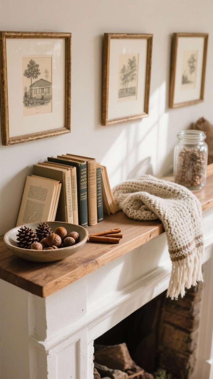 Overhead shot of a mantle surface styled by “shopping the house”: hardback books with dust jackets removed and pages facing outward for a soft vintage tone, a shallow bowl or tray corralling small finds (acorns, pinecones, cinnamon sticks), a neutral scarf used as a slim runner for layered coziness, and picture frames featuring printable vintage art. Apply the rule of odds with groupings of three and five. Warm wood mantle, subtle shadow play, natural midday light; textures of paper edges, knit fabric, glass jar with filler; photorealistic.