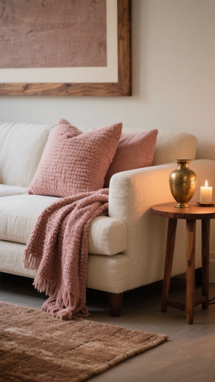 Photorealistic closeup detail of Dusty Rose & Maple textures: a dusty rose throw and nubby pillows draped on a warm off-white (linen/bone) sofa, with a maple wood side table holding an antique brass vase and a small picture light above a maple-framed artwork. A warm taupe area rug is visible beneath for a calm foundation. Lighting is low, candle-lit warmth that flatters muted tones. Angle: tight, shallow depth of field focusing on fabric weave and brass patina.