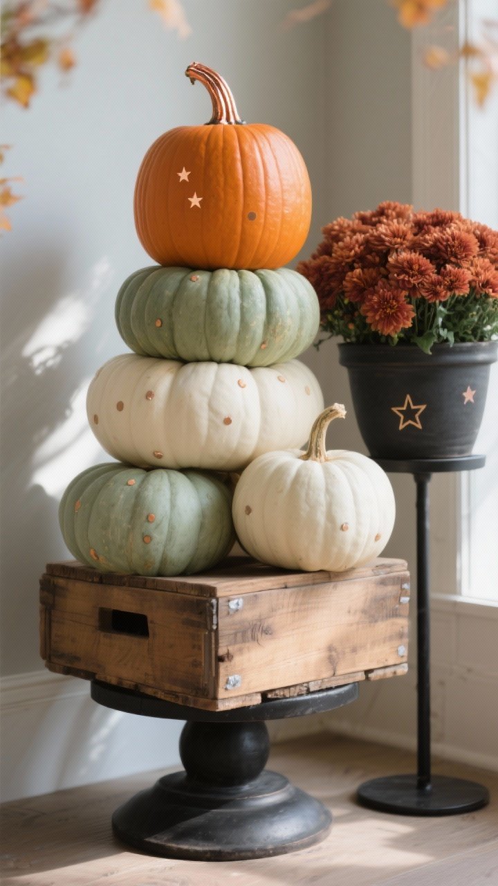 Photorealistic closeup/detail shot focused on elevated pumpkin styling: a curated cluster featuring pumpkins in varied sizes and tones—classic orange, muted sage green, creamy white, and a Cinderella pumpkin—stacked with discreet dots of museum putty visible between layers for stability; levels created with an overturned wood crate and a matte black plant stand; one pumpkin’s stem painted in warm metallic copper; subtle temporary decals of tiny stars on a pale pumpkin; a pot of rust-colored mums in a matching charcoal planter anchoring the arrangement. Natural daylight with gentle fall shadows, corner angle composition, background blurred to emphasize height and variety.
