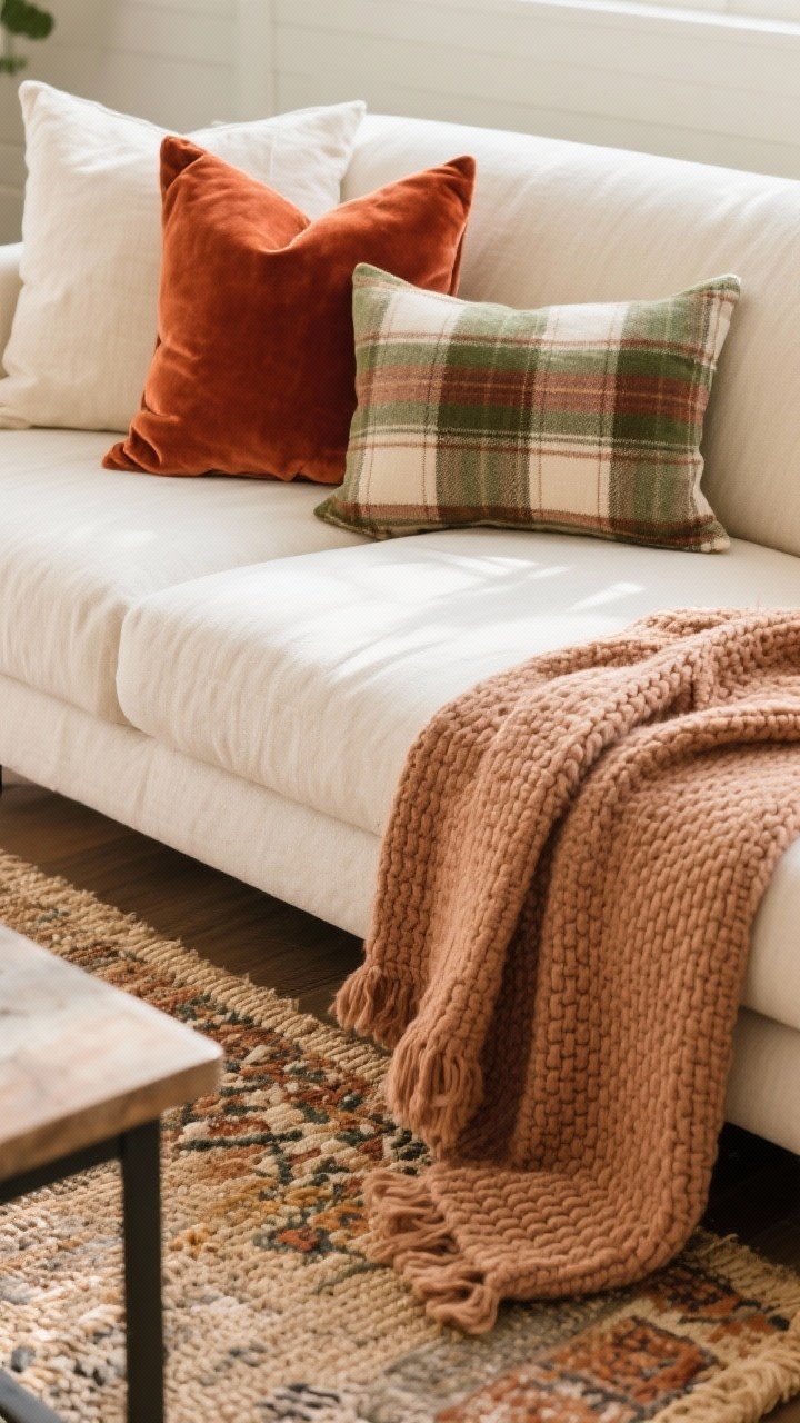 Photorealistic closeup detail shot focused on layered textures on a sofa: a creamy off-white linen base pillow, two velvet accent pillows in rust and olive, and one patterned pillow in plaid; a chunky knit blanket in camel draped over the sofa arm and a lightweight clay-colored waffle throw across the back; foreground shows the edge of a smaller patterned rug layered over a larger natural jute rug under the coffee table. Warm palette of rust, camel, olive, clay, and creamy off-white; varied scales with simple pillows against a busier rug. Soft afternoon natural light, shallow depth of field highlighting the mixed weaves and nap of velvet, no people.
