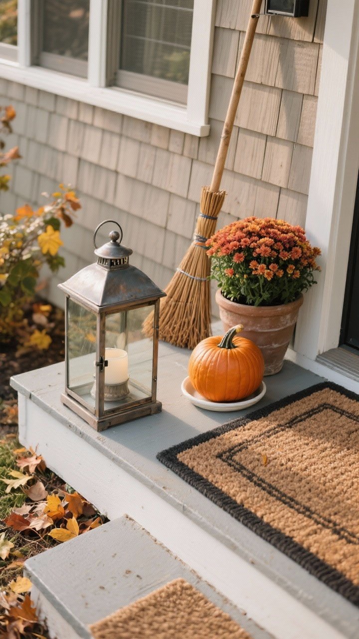 Photorealistic closeup detail shot from a slight overhead angle showing practical fall porch solutions. Focus on textures: an outdoor-rated, washable rug with a low-profile non-slip rug pad visible at the corner; a metal or resin lantern anchored firmly on the step; a pumpkin with discreet museum putty beneath it; a nearby compact broom leaning against cedar siding ready for leaf season. Include a potted mum placed in a cachepot with a visible saucer for tidy watering. Natural daylight, crisp detail, and a clean, maintained look.