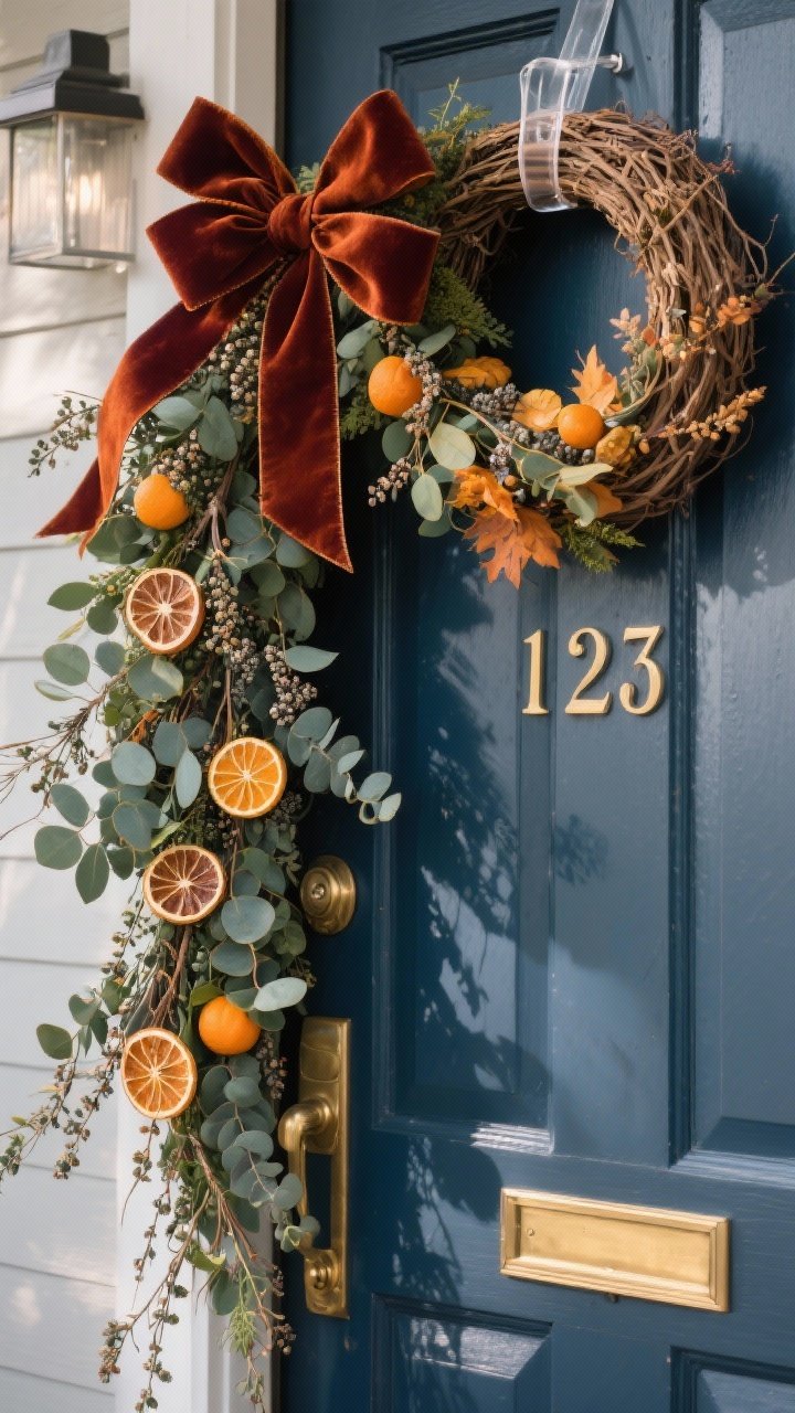 Photorealistic closeup/detail shot of a dramatic fall door statement: an asymmetrical garland starting at the top-left corner of a navy front door and draping down one side, made of eucalyptus, seeded stems, and slices of dried oranges for tonal interest. A textural wreath or swag integrated near the top, secured with clear hooks. Velvet ribbon in rust or merlot tied in bows, coordinating with brass door hardware and house numbers. Soft natural daylight with gentle shadows, straight-on composition framing the door and decor tightly, high detail on foliage and ribbon texture. No people.