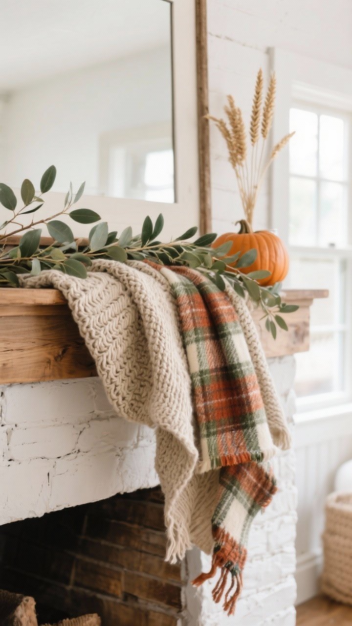 Photorealistic closeup detail shot of a farmhouse mantle styled with natural layers: a chunky knit neutral runner draped asymmetrically with one end spilling over the edge, a casually placed plaid scarf in rust, olive, and cream peeking beneath, and airy faux eucalyptus and olive branches intertwined along the ledge. Tuck in clipped real branches and a few dried wheat stems behind a simple frame for height. Soft natural daylight from a side window highlights textures of burlap, linen, and knit; shallow depth of field emphasizes the layered fabrics and greenery. No pumpkins yet, finished-but-not-fussy vibe, rustic white plaster wall and warm wood mantle.