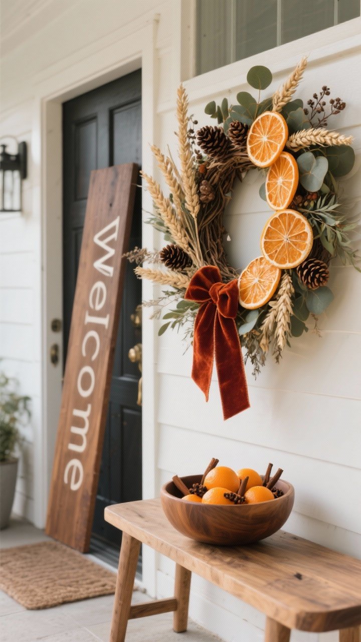 Photorealistic closeup/detail shot of a signature welcome on the front door: a large statement wreath made of dried orange slices, wheat, eucalyptus, and mini pinecones, finished with a rich rust velvet ribbon; nearby on the bench sits a shallow wooden bowl filled with clove-studded oranges for a subtle scent; a slim, modern vertical wooden sign with “Welcome” in a clean font leaning beside the door, sized appropriately for a small entry. Color palette ties back to rust, cream, and charcoal. Soft natural daylight, shallow depth of field to emphasize textures of velvet, dried botanicals, and wood grain, straight-on crop of door area only.