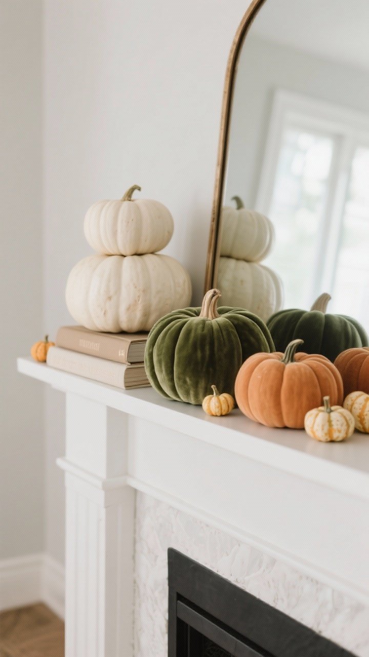Photorealistic closeup/detail shot of curated pumpkins with personality on a mantle: a chic color story of creamy white, sage green, and muted orange pumpkins. Combine a real pumpkin with a velvet pumpkin and a ceramic pumpkin for texture contrast. Arrange in odd numbers (three and five), with varied heights created by stacked neutral books and a small riser. Tuck tiny mini gourds along the base of a leaning mirror and around a small cluster to fill negative space. Include one stacked pumpkin moment on the left as a focal element. Clean, diffused daylight, straight-on angle, crisp details of velvet nap, ceramic glaze, and matte pumpkin skin.