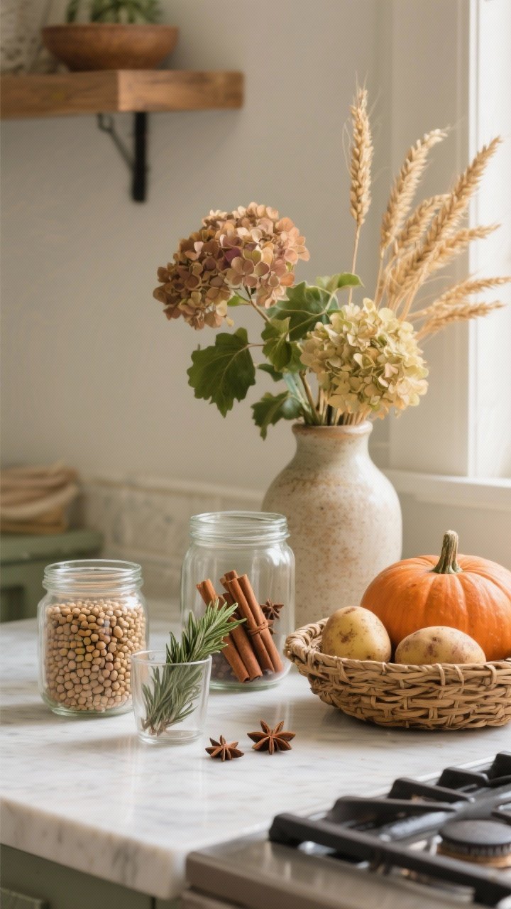 Photorealistic closeup detail shot of natural elements arranged on a kitchen counter for an elevated fall look: clear glass jars filled with lentils, cinnamon sticks, and star anise; a small tumbler with a fresh rosemary bundle by the stove; a woven basket holding squash and heirloom potatoes; and a ceramic vase with dried hydrangeas and wheat stems. Color palette is earthy and muted—greens, creams, and soft oranges. Surfaces are clean and minimal, reading elegant not kitschy. Soft morning light skimming across the scene to highlight textures of grains, botanicals, and ceramics; shot at a shallow angle for depth of field.