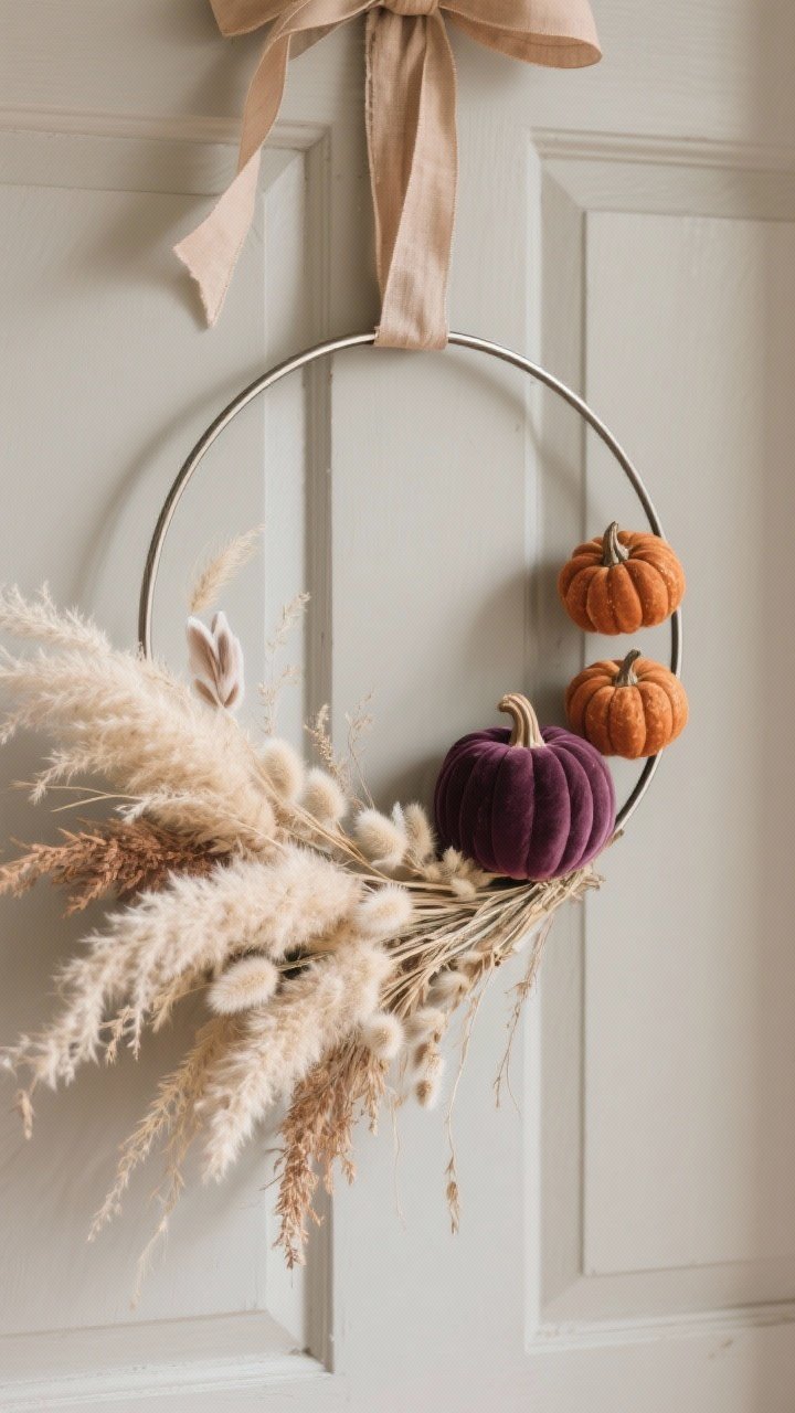 Photorealistic closeup, straight-on view of a minimalist metal hoop wreath (12–16 inches) styled in a crescent composition: airy pampas grass and dried bunny tails clustered on the bottom-left, layered at soft angles for volume, with two or three faux mini pumpkins on the denser side. Color palette: cream, rust, caramel with a single deep plum pumpkin accent for drama. Ribbon wrapped once around the top with long draping tails. Soft natural daylight, shallow depth of field to emphasize fluffy vs. skinny stem textures and the sculptural, boutique look. No people, neutral front door background.
