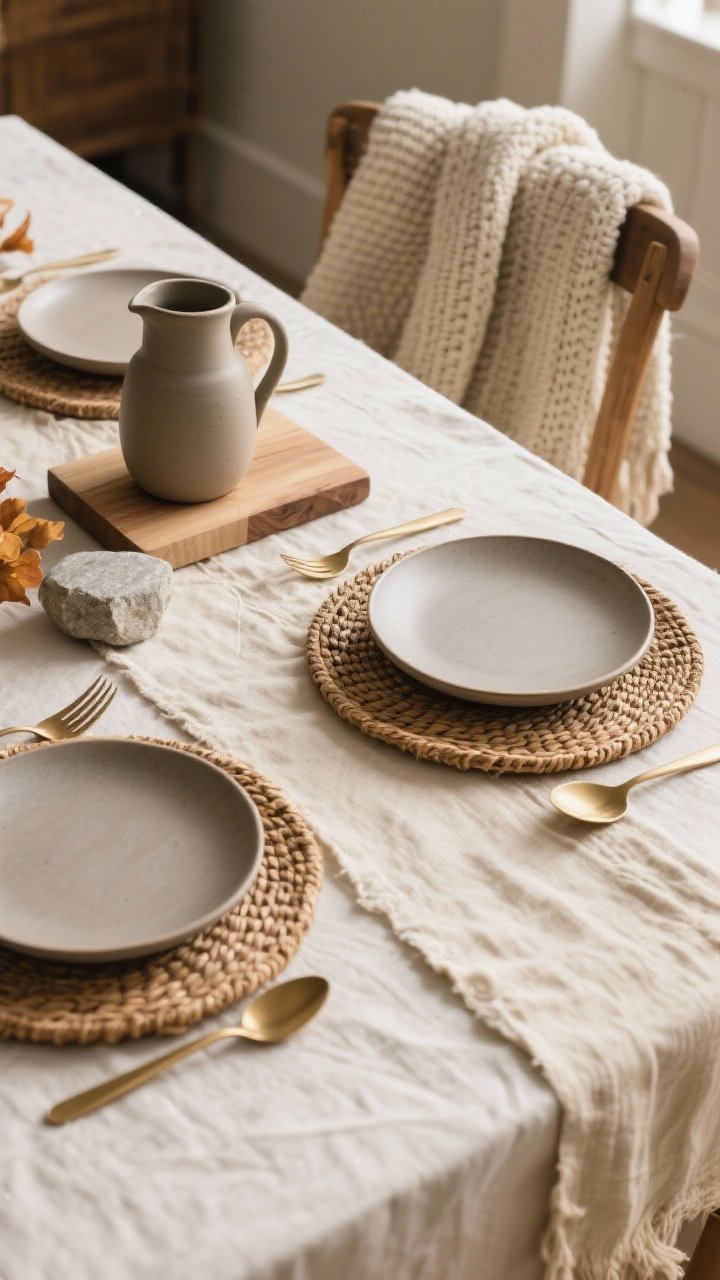 Photorealistic detail closeup from a corner angle of a fall dining table focused on layered textures: a soft cream cotton tablecloth topped with a natural linen runner, rattan chargers under matte ceramic dinner plates, and brushed brass flatware. Include a matte ceramic pitcher, a small wood board, and a smooth stone accent. Palette: creams, taupes, warm grays. Add a chunky knit throw draped over a nearby chair back. Soft natural afternoon light grazing the fabrics to emphasize weave and texture. No people.
