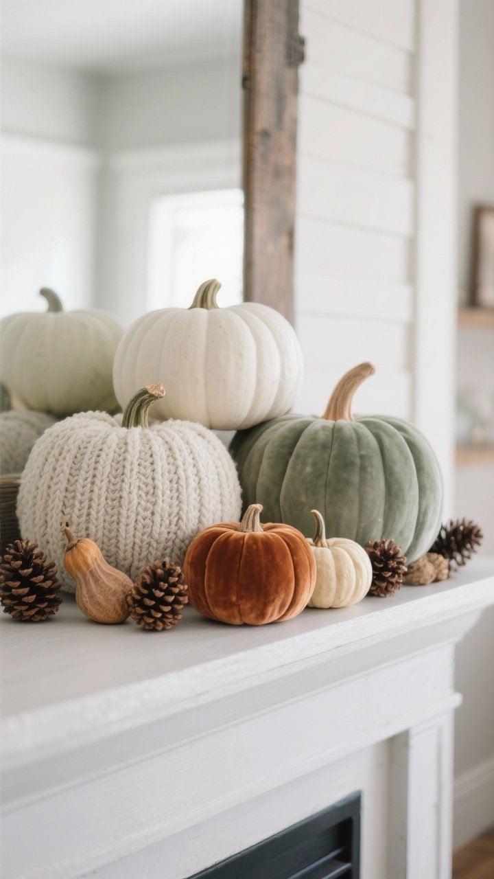 Photorealistic detail closeup of a calm-palette pumpkin arrangement on a mantle: clusters of three pumpkins repeated for balance—one large, one medium, one small—mixing textures like faux knit, velvet, ceramic, and a couple of real mini pumpkins. Colors are white, sage, caramel, and soft gray, anchored by neutrals with a single warm accent in burnt sienna or copper. A few pinecones and a dried gourd are sprinkled in for an organic touch. Shallow depth of field, soft diffuse daylight, minimal clutter, clean farmhouse background.