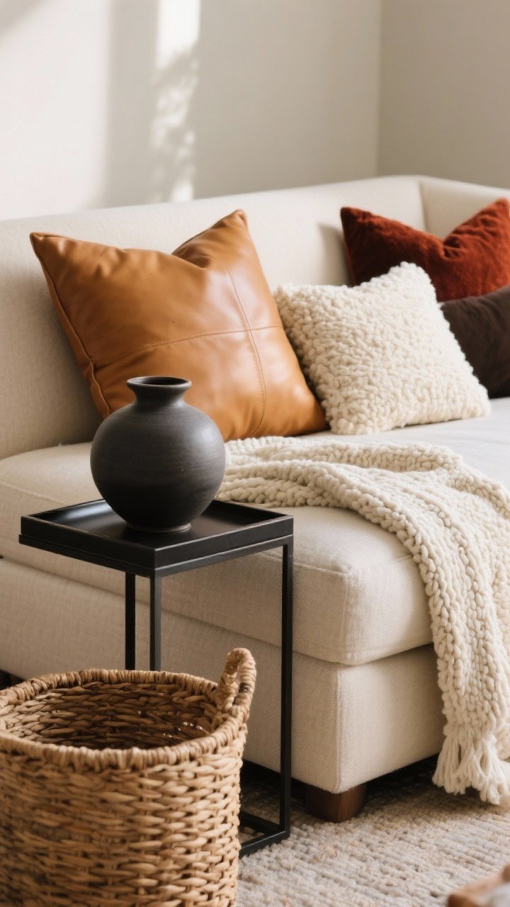 Photorealistic detail closeup of layered fall textures on a neutral-toned living room sofa: buttery camel vegan leather pillow, chunky cream knit throw, soft ivory bouclé cushion, and a smooth charcoal ceramic vase on a slim black metal tray. Include an oversized woven natural-fiber basket on the floor beside the sofa. Palette: cream, camel, charcoal, espresso with a single rust accent pillow repeated. Soft natural afternoon light grazing the fabrics to emphasize texture; shallow depth of field; corner angle.