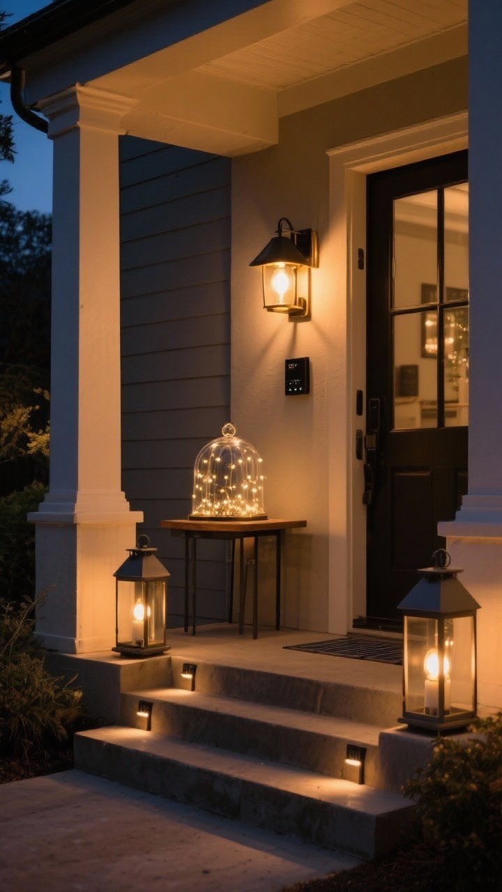 Photorealistic evening medium shot of a porch entry lit for warm glow and drama: wall-mounted modern sconce in sleek black or brass fitted with a warm LED bulb (2700K–3000K) casting a cozy pool of light; a pair of battery lanterns flanking the steps and low solar path lights subtly marking the walkway; a glass cloche or lantern on a small console displaying micro-string lights for a twinkly finish; optional smart bulb glow controlled to medium brightness; mixed lighting heights for layered ambiance, with stair edges clearly illuminated for safety; rich, cinematic warmth against darkening twilight.