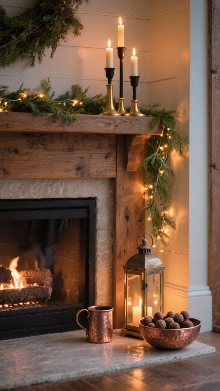 Photorealistic medium corner-angle shot of a mantle glowing with candlelight and copper: brass and matte black taper candleholders with creamy LED tapers flickering, a slim strand of warm twinkle lights subtly tucked into greenery, and a small vintage copper mug plus a hammered copper bowl filled with acorns. A mid-size lantern sits grounded on the hearth. Warm, cozy evening lighting with gentle reflections on brass and copper, farmhouse wood tones and greens harmonizing, safe LED realism.
