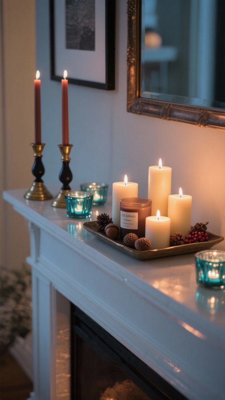 Photorealistic medium shot focusing on candle “zones” across a mantle at dusk: on the right, a tray holding three to five clustered pillar candles in varied heights with a few acorns and faux berries spaced safely around the base. On the left, a pair of brass or matte black taper candlesticks with moody tapers in rust and taupe for height and elegance. Along the front edge, mercury glass votives with tealights creating soft twinkle. Include a single labeled scented candle (cedar or smoked vanilla) among the pillars, with other candles unscented. Mindful spacing from frames and mirror for safety. Warm, cozy candlelight glow, slight vignette, straight-on view.