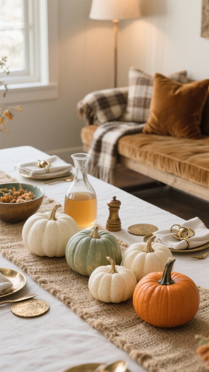 Photorealistic medium shot from a slight corner angle highlighting chic harvest-inspired accents: muted mini pumpkins and gourds in whites, sages, and soft oranges grouped in odd numbers on a jute or seagrass runner; subtle metallic touches in antiqued brass (coasters, napkin rings, or a small bowl). In the background, a bench draped with a wool or plaid throw and velvet seat cushions. Include a simple glass carafe of cider or wine, plus a small salt cellar and pepper mill for polish. Warm, cozy ambient lighting, no people.