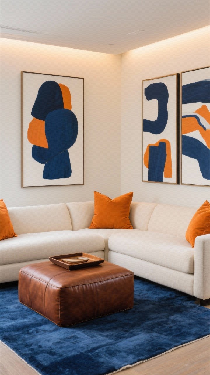 Photorealistic medium shot of a bold Harvest Ochre & Ink Blue vignette: an ink blue rug anchoring a seating area with cream upholstery, ochre pillows, and a burnt umber leather ottoman/tray. Walls and larger pieces stay cream to let colors breathe. On the wall, abstract prints combining navy/ink blue, ochre, and white space. Use warm LED lighting (2700K) so ochre glows naturally without harshness. Angle: straight-on view capturing balanced complementary colors and curated art.