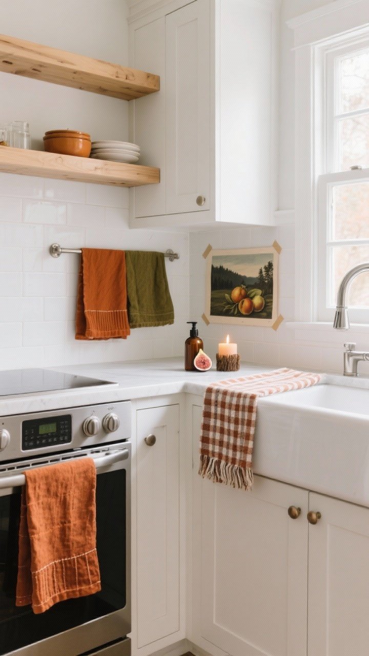 Photorealistic medium shot of a bright, modern kitchen corner styled for fall without repainting: white shaker cabinets, light wood shelves, and stainless steel faucet. Add textiles in a curated two-color palette of rusty orange and olive: an ochre or rust tea towel on the oven handle, a plaid dishcloth casually draped by the sink, and a narrow striped runner on the counter edge. At the sink, place a spiced fig hand soap bottle next to a small cedar candle with a warm, soft flame. On the backsplash, lean a moody landscape print or a vintage fruit illustration (attached with subtle tape, no nails). Color accents limited to rust and olive, everything else neutral wood, white, and stainless. Natural afternoon window light, soft and cozy, straight-on angle.