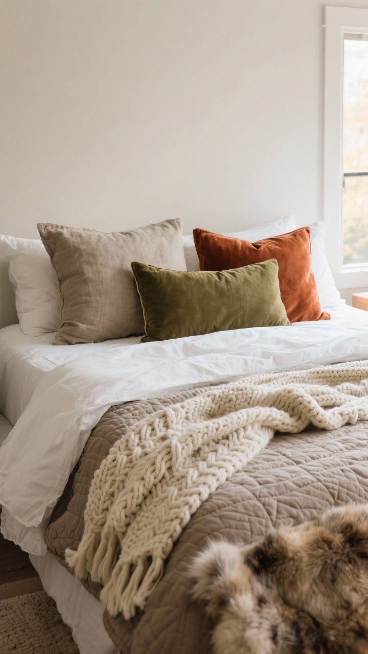 Photorealistic medium shot of a cozy bed styled for fall layering: breathable white cotton sheets, a textured linen quilt in soft taupe, topped with a chunky cable-knit throw in cream draped casually and a folded faux fur at the foot. Pillow stack: two linen Euro shams in greige, two standard pillows in velvet rust, and one long statement lumbar pillow in olive. Emphasize textures—linen wrinkles, knit stitches, and plush faux fur—with warm, soft morning light from a nearby window, neutral wall backdrop, no people.