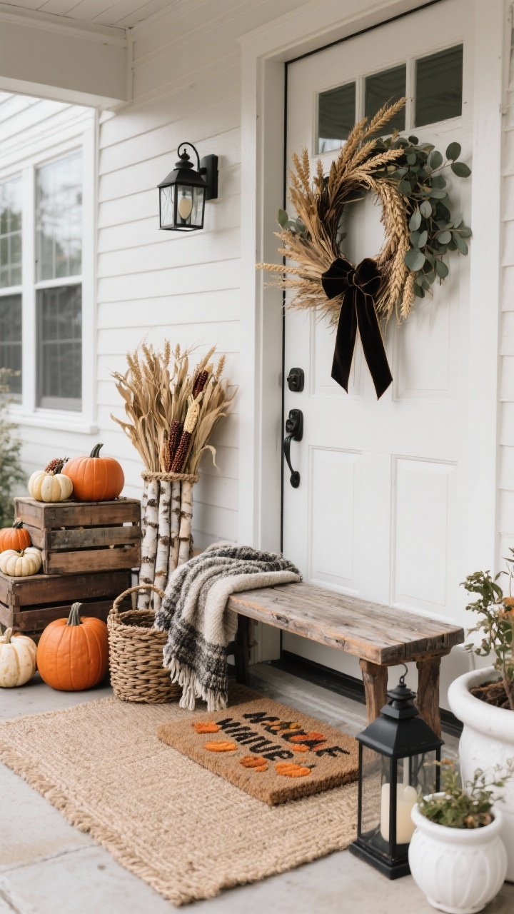 Photorealistic medium shot of a fall front porch styled for layered textures: a larger neutral jute rug under a smaller coir doormat with a playful fall greeting; mix of materials including a weathered wood bench with a chunky, textured outdoor-safe throw draped over the arm, black metal lantern, woven baskets, and white ceramic planters; door adorned with a dried wheat and eucalyptus wreath tied with a velvet ribbon; baskets and vintage wood crates neatly stacking heirloom pumpkins at varying heights; a tall basket holding corn stalks and a bundle of birch logs for rustic texture. Keep a tight palette of rust, cream, and charcoal repeated across textiles and accents. Soft overcast daylight, straight-on view, no people.