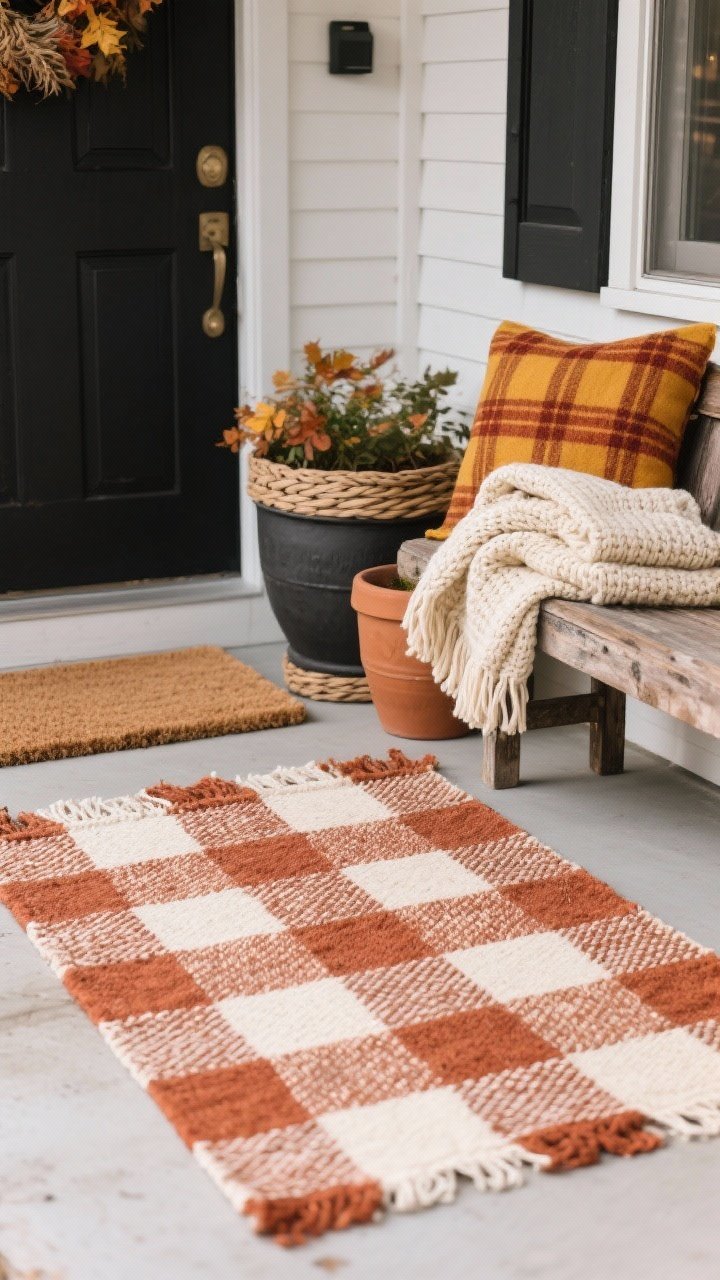 Photorealistic medium shot of a fall front porch vignette focused on layered textures: a 3x5 flatweave outdoor rug in rust-and-cream plaid under a witty coir doormat, a matte charcoal planter beside a woven basket planter and a terracotta pot, plus a weathered wood bench with a folded chunky knit throw in cream and a plaid throw in mustard and rust draped over the arm. Color palette limited to rust, mustard, cream, and charcoal, repeated across items. Soft overcast daylight, straight-on angle, shallow depth of field highlighting fabric weaves and planter textures. No people.